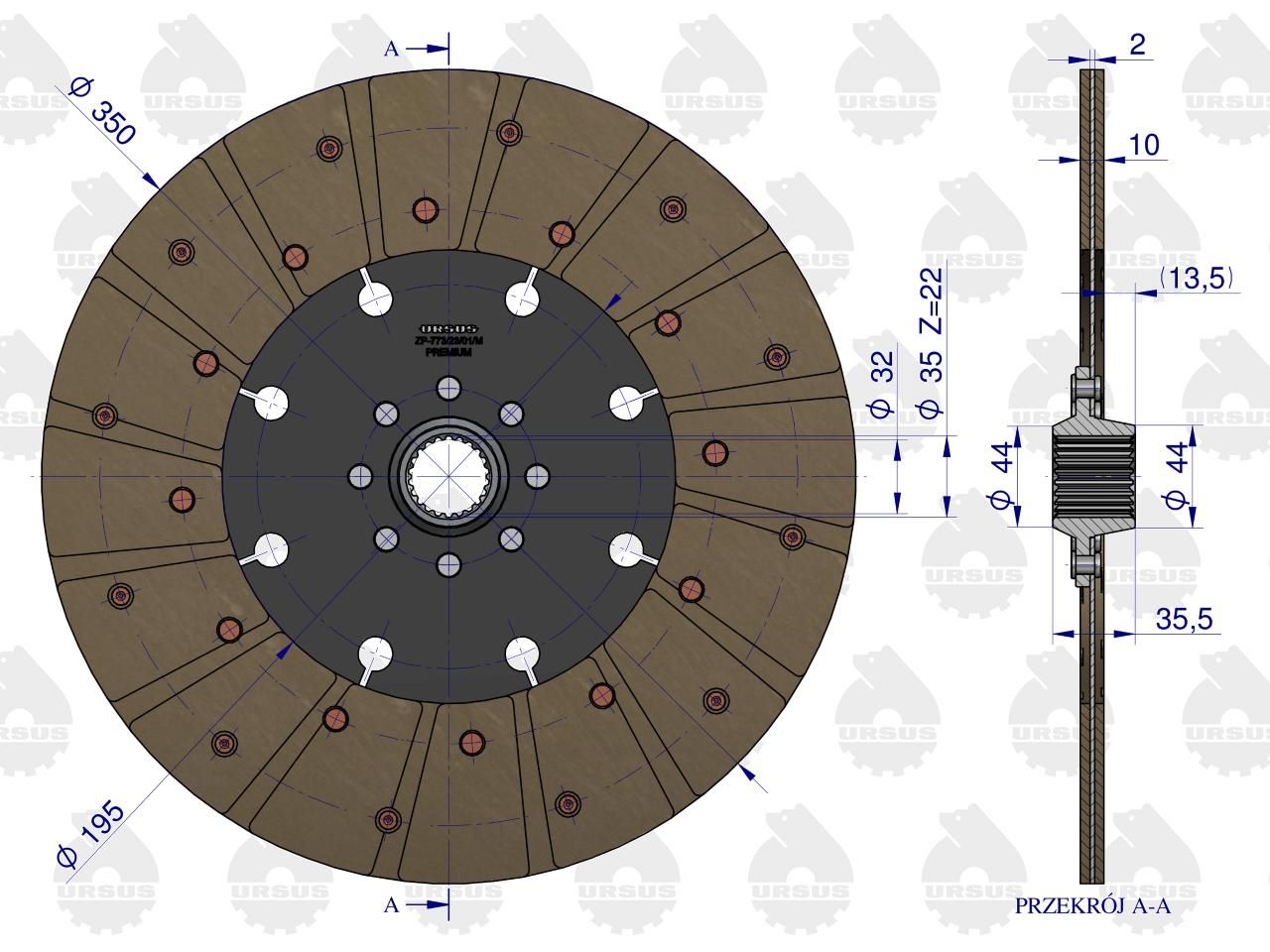 Tarcza sprzęgła fi 350 pias.22 frezy C-385 PREMIUM ORYGINAŁ URSUS - obrazek 3