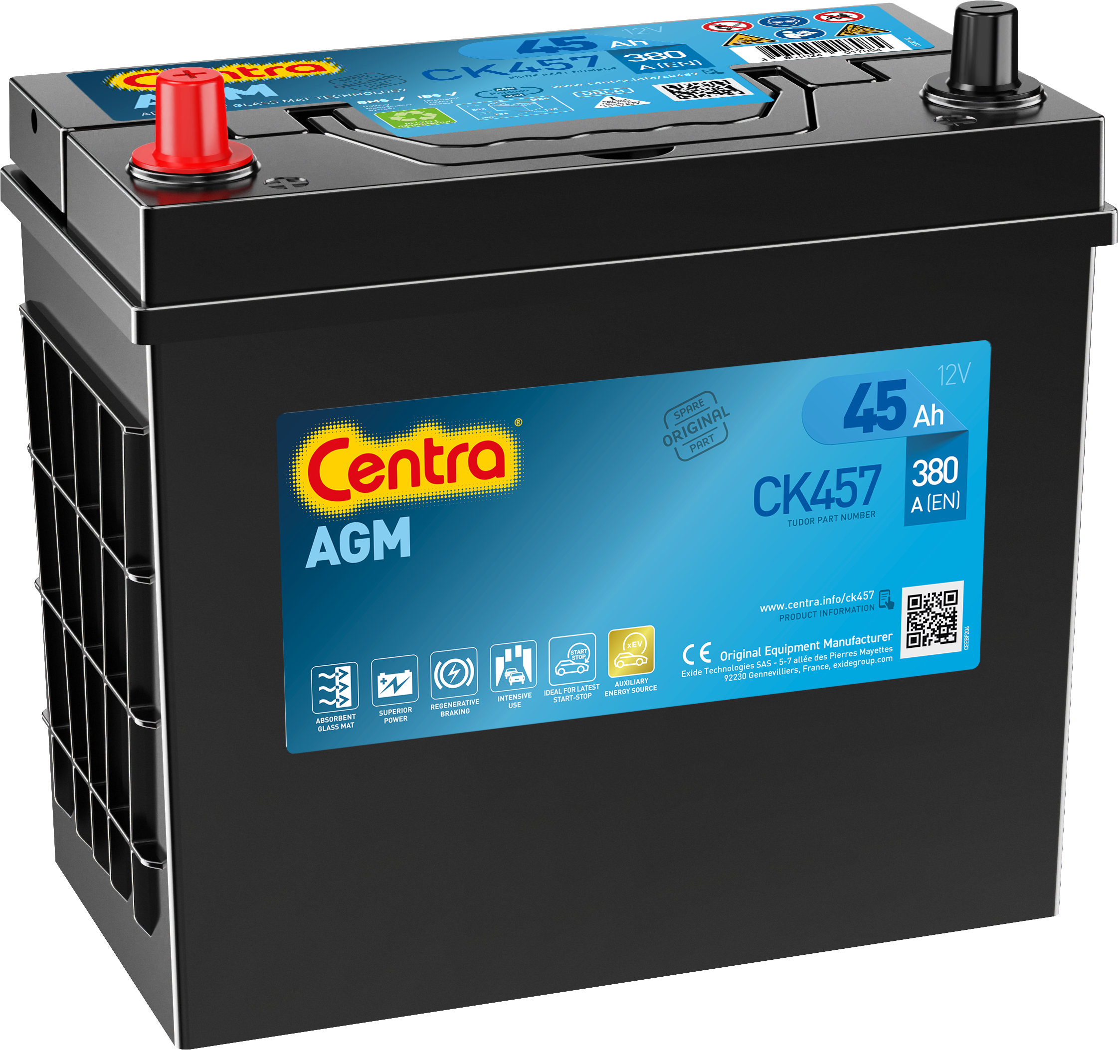Akumulator Centra AGM 12V/45Ah 380A Lewy Plus